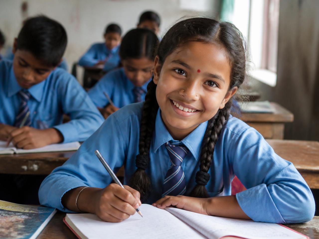 Students smiling and studying in classroom
